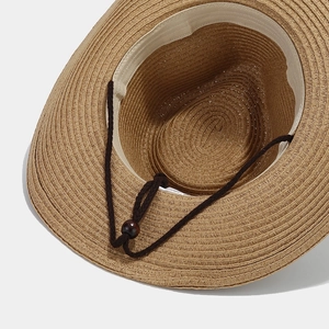Western straw sun hat with leather belt trim, inner sweatband and adjustable wind rope