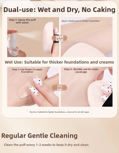 Dual-use Rubycell makeup puff showing wet and dry application steps for foundation