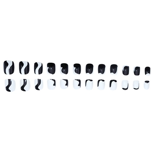 Short black and white wave press-on nails set with glossy finish for daily wear