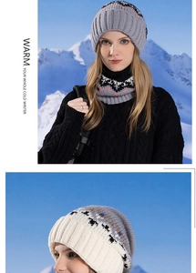 Outdoor close-up of thick knitted winter hat and neck warmer set with jacquard pattern