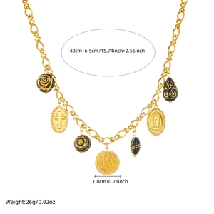 Gold stainless steel necklace set with black rose and cross pendants on white background