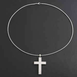 Polished silver titanium steel cross pendant necklace with sparkling full diamond stones