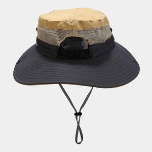 Detail of outdoor sun hat with breathable mesh, chin strap and adjustable buckle