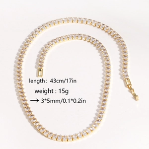 Detail of gold necklace with zircon size and length specifications on white background
