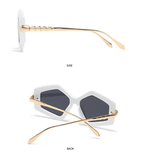 Detailed side and back views of white geometric sunglasses with golden bamboo metal temples