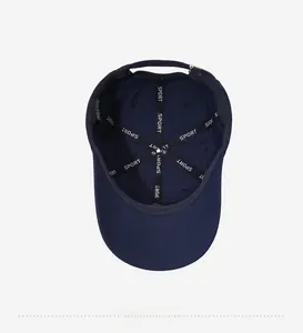 Internal view of navy sport cap showing six-panel seams and white Sport logo tape