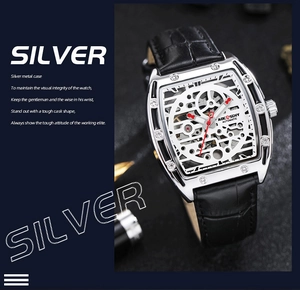 Macro detail of automatic skeleton mechanical watch with silver tonneau case and black strap