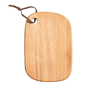Minimalist acacia wood cutting board with leather hanging strap on white background