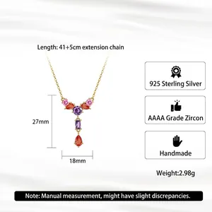 Elegant 925 sterling silver gold necklace with tassel and purple zircon pendant