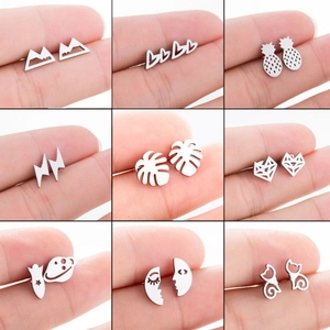 Minimalist Stainless Steel Stud Earrings Geometric Heart Cat Pineapple Hollow Out Fashion Jewelry For Women