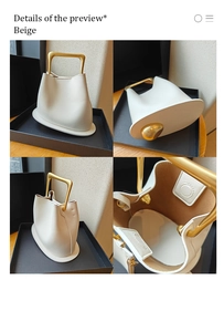 Macro shot of beige lychee leather bag with golden square handle and metal feet detail