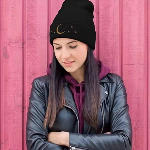 Moon Star Embroidered Knit Beanie Hat Acrylic Warm Winter Cuffed Skull Cap For Men Women