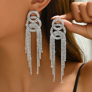 Elegant long silver tassel earrings with sparkling rhinestones for women's fashion wear