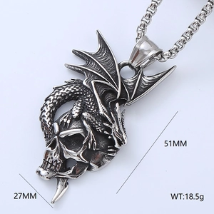 Detailed view of vintage silver dragon skeleton pendant with size and weight dimensions