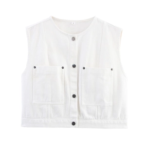 White sleeveless denim vest with front pockets and four metal buttons on a plain background