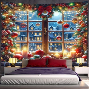 Christmas tapestry with snowy window scene and festive tree decor for bedroom walls