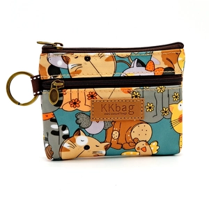 Waterproof cartoon cat print coin purse with double zippers and metal keychain ring