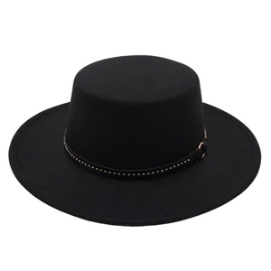 Elegant black wool boater hat with studded leather band and flat wide brim for women