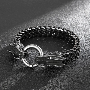 Detailed macro view of vintage dragon head clasp on heavy braided steel bracelet