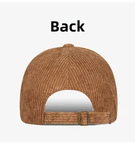 Rear view of brown corduroy baseball cap showing the adjustable bronze metal buckle detail