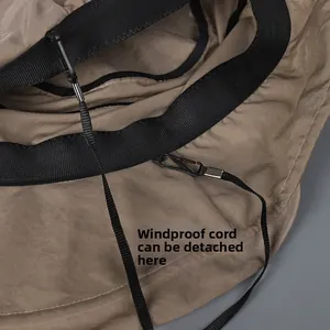 Detail of detachable windproof rope hook on khaki nylon quick-dry sun hat