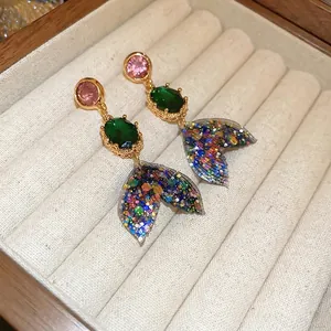 Mermaid Tail Drop Earrings With Faux Rhinestones Colorful Sequins Alloy Gold Plated For Women With Silver Earring Post