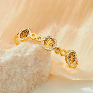 Golden Tree of Life stainless steel open bangle with white zircon crystals on stone