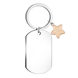 Detail view of a polished stainless steel rectangular tag keychain with a pink glitter star