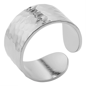 Close-up of a wide silver adjustable 304 stainless steel ring with hammered scale texture