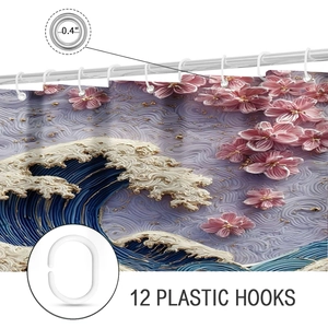 Detail of 12 plastic hooks and 0.4-inch metal grommets on Japanese wave shower curtain
