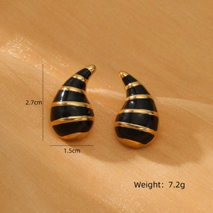 Detail view of black and gold striped teardrop earrings with dimensions and weight info