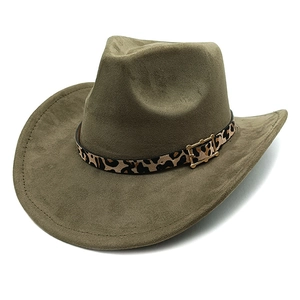 Detailed view of leopard print belt and metal buckle on olive brown suede cowboy hat