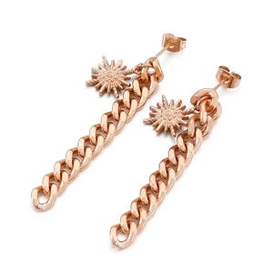 Rose gold Cuban chain earrings with sunburst pendants on a clean white background