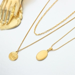 French style layered gold coin necklace with Queen portrait and oval pendant set