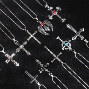 Cross Pendant Necklace Retro Hip Hop Gothic Punk Alloy Wings Skull Stainless Steel Chain For Men Women