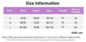 Detailed size chart in cm for long sleeve A-line dress with lace sleeves and low neckline