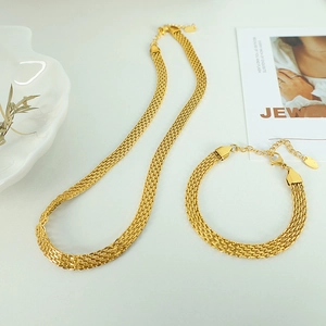 Minimalist gold woven mesh necklace and bracelet jewelry set in titanium steel