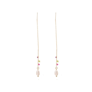 Minimalist gold long chain earrings featuring colorful beads and baroque pearl pendants