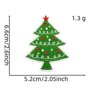 Detailed view of green Christmas tree embroidery patch with size and weight dimensions