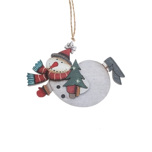 Handcrafted wooden snowman ornament with red hat and scarf for Christmas tree decoration