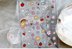 Detailed view of KX-052 nail stickers featuring cute cartoon cats, rabbits and rainbows