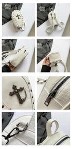 Detailed multi-angle views of white gothic mini backpack with studs and cross charms