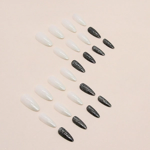 24pcs glittering almond shape press-on nails with sparkling black and white glitter finish