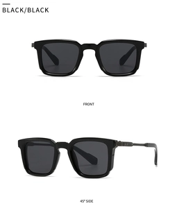 Detailed front and 45-degree side views of black square sunglasses with metal temple accents