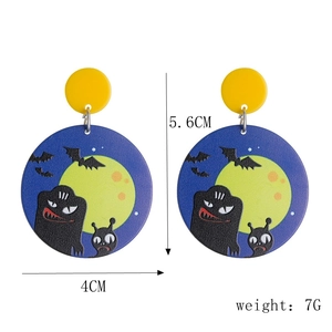 Halloween drop earrings featuring a blue night sky, yellow moon, bats, and alien design