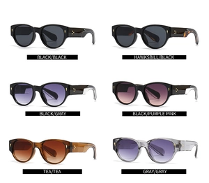 Collage of round sunglasses in black, tortoise, and gradient tints with metal rivets