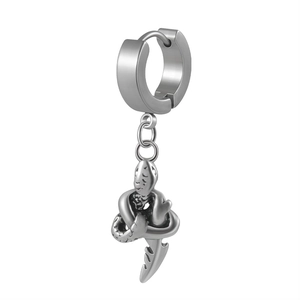 Silver stainless steel snake pendant hoop earrings with punk style on white background