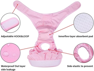 Pink pet diaper detail showing 5-layer absorbent core and adjustable velcro straps