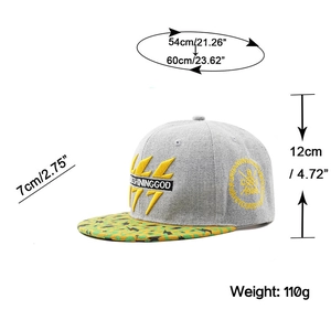 Detailed size chart for the grey hip hop baseball cap with lightning brim pattern