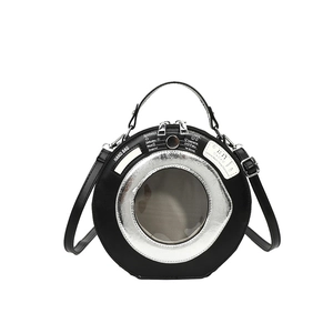 Creative black washing machine shaped round shoulder bag with silver trim and handle